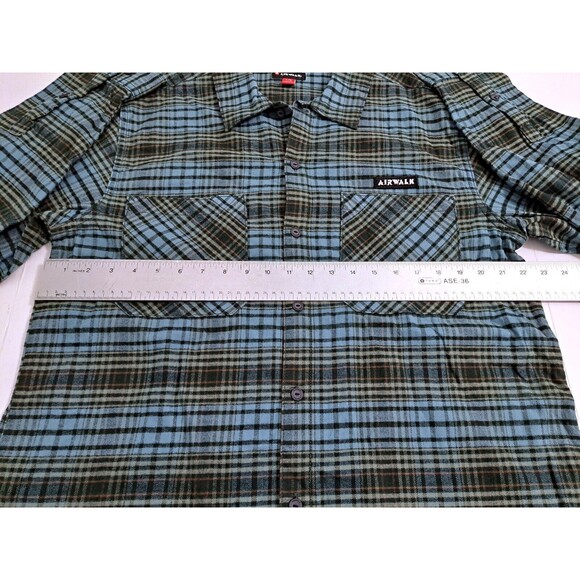 Airwalk Men's Large Plaid Button Flannel Shirt Blue Green Black Check Pockets - Picture 6 of 8